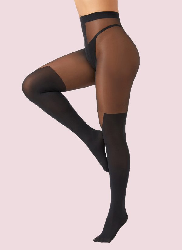 Collants jacquard sexy à entrejambe en T 20D Noir2
